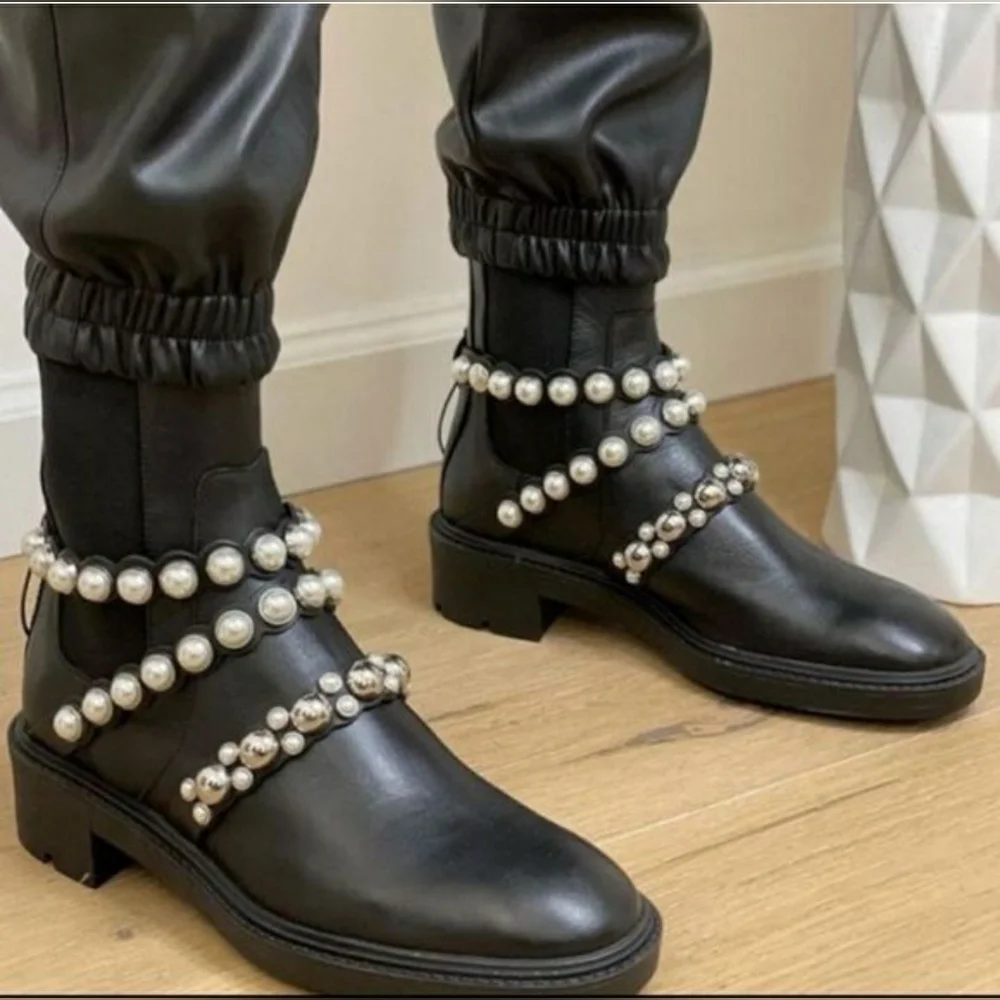NWT Zara Black Leather Faux Pearl Accents Ankle Boots Size 38 - Picture 5 of 13